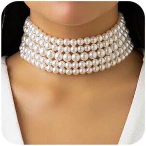 Women's Boho Round Imitation Pearl Choker Necklace Multi Strands Vintage Choker